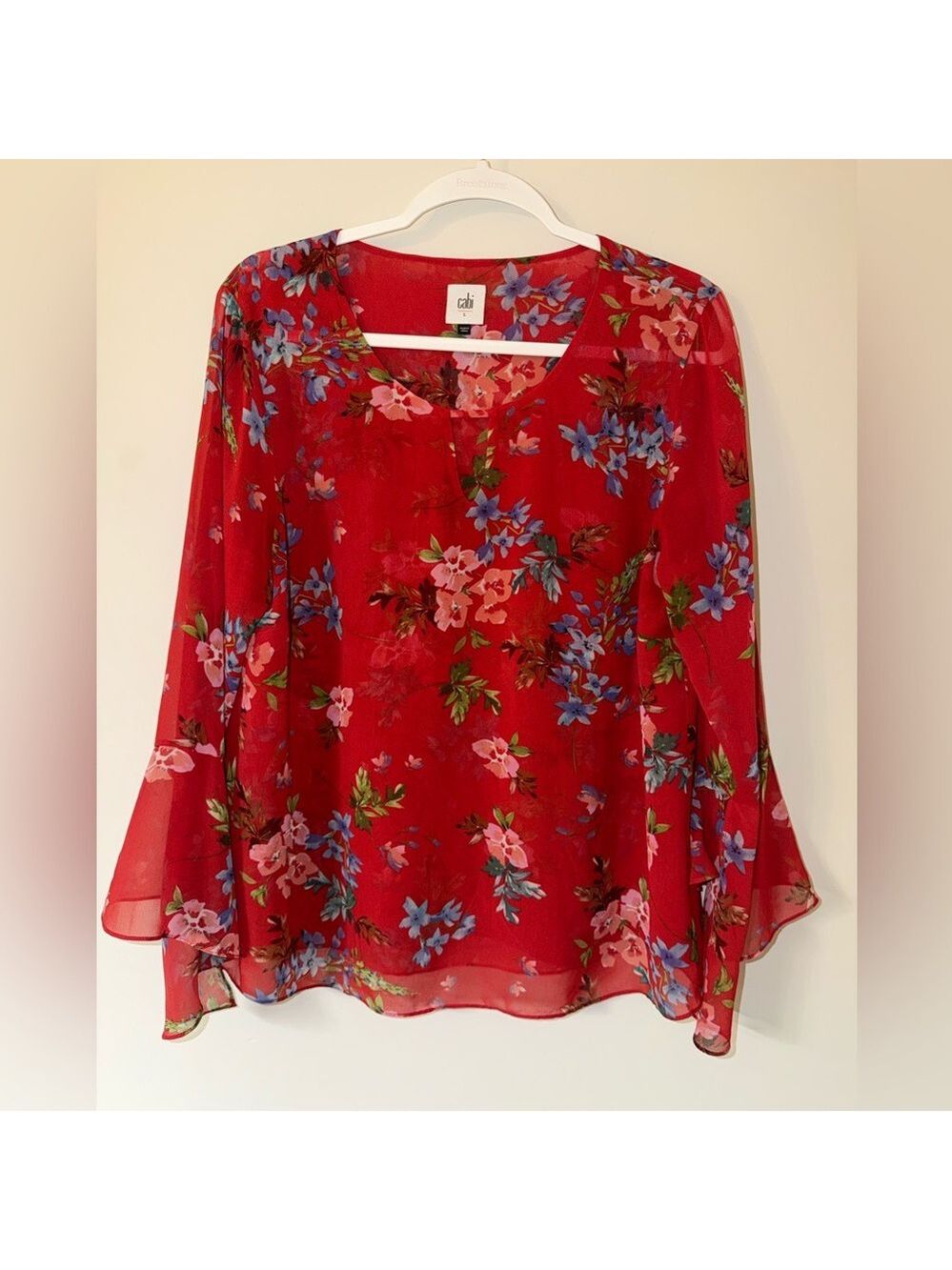 Cabi Sheer Floral Ruffle Blouse Large V-Neck Tie Front Boho ❤️